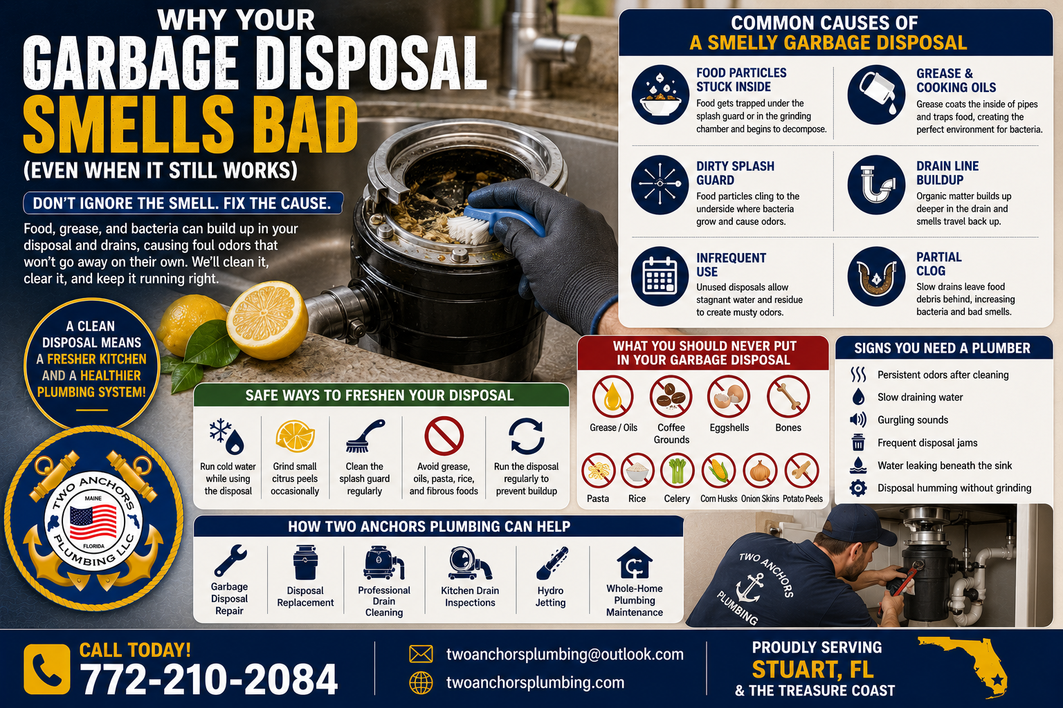 Professional plumber cleaning a garbage disposal to eliminate kitchen sink odors in a Stuart, FL home.