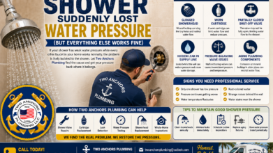Plumber inspecting a shower valve to restore water pressure in a Stuart, FL home – Two Anchors Plumbing