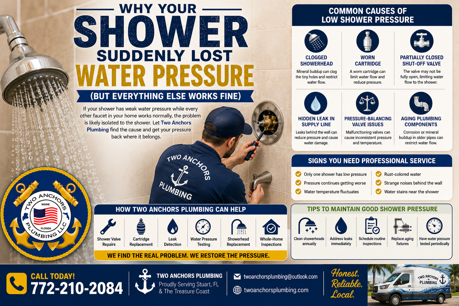 Plumber inspecting a shower valve to restore water pressure in a Stuart, FL home – Two Anchors Plumbing