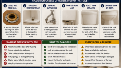 Two Anchors Plumbing infographic explaining common causes of water leaking around the base of a toilet and toilet repair services in Stuart, FL.