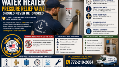 Professional plumber inspecting a leaking water heater temperature and pressure relief valve in a Stuart, FL home.