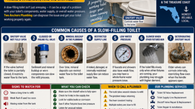 Two Anchors Plumbing infographic explaining common causes of a toilet that takes too long to refill after flushing in Stuart, FL.