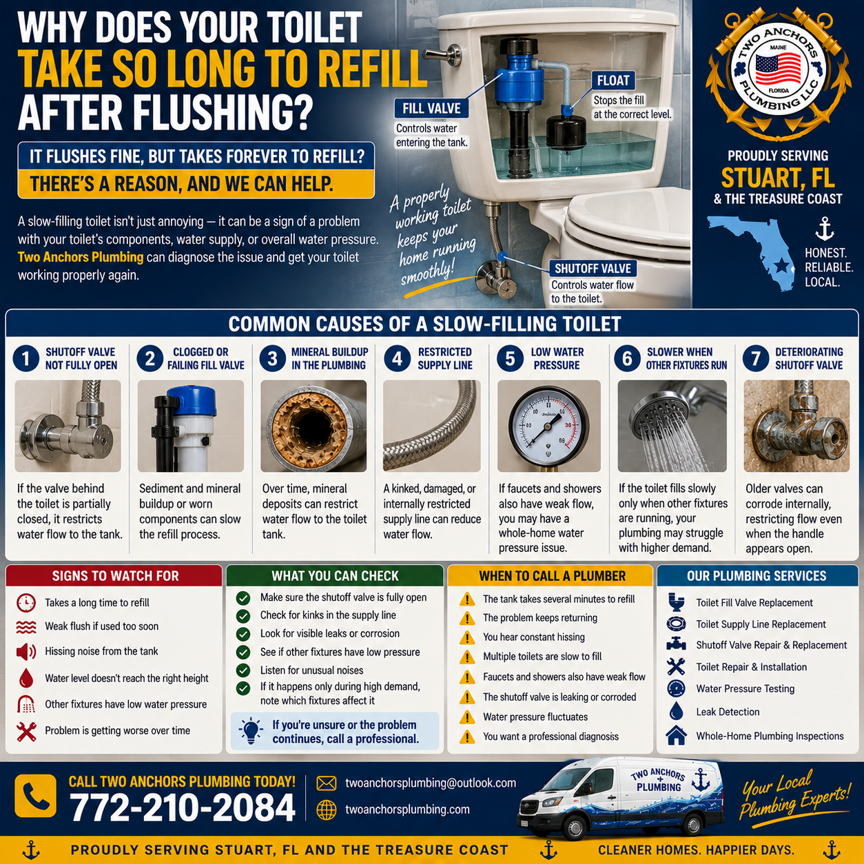 Two Anchors Plumbing infographic explaining common causes of a toilet that takes too long to refill after flushing in Stuart, FL.