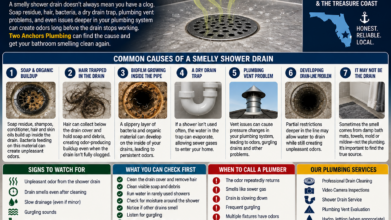 Two Anchors Plumbing infographic explaining common causes of a smelly shower drain that isn't clogged in Stuart, FL.