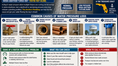 Two Anchors Plumbing infographic explaining why home water pressure drops when multiple fixtures are running in Stuart, FL.