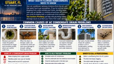 Two Anchors Plumbing infographic explaining clogged AC condensate drains, water leaks, and drainage warning signs for Stuart, Florida homeowners.