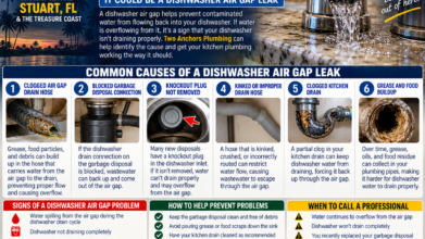 Two Anchors Plumbing infographic explaining why a dishwasher air gap leaks water onto the kitchen countertop and common drainage problems in Stuart, Florida.