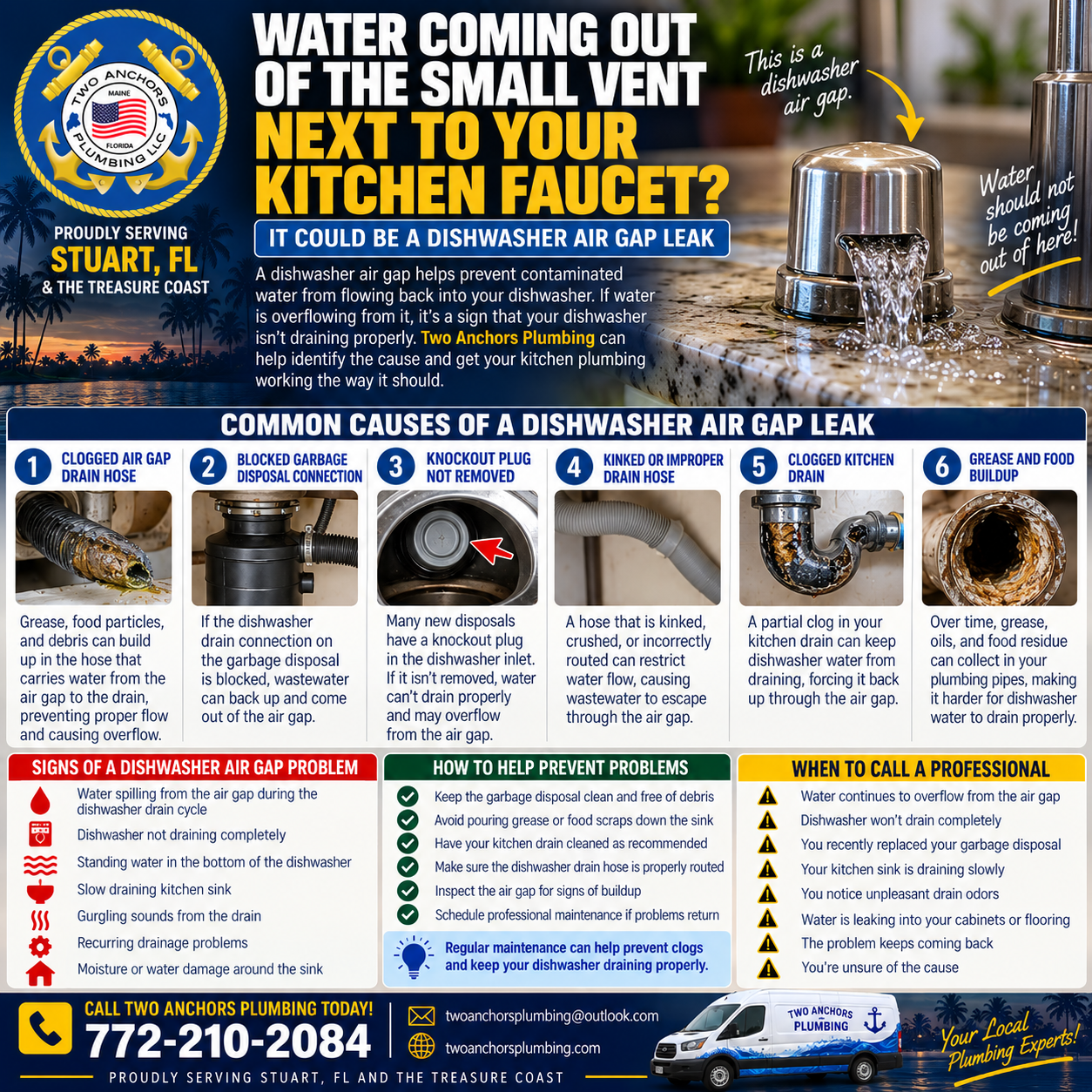 Two Anchors Plumbing infographic explaining why a dishwasher air gap leaks water onto the kitchen countertop and common drainage problems in Stuart, Florida.