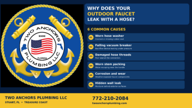 Two Anchors Plumbing infographic showing six causes of outdoor faucet leaks in Stuart, Florida