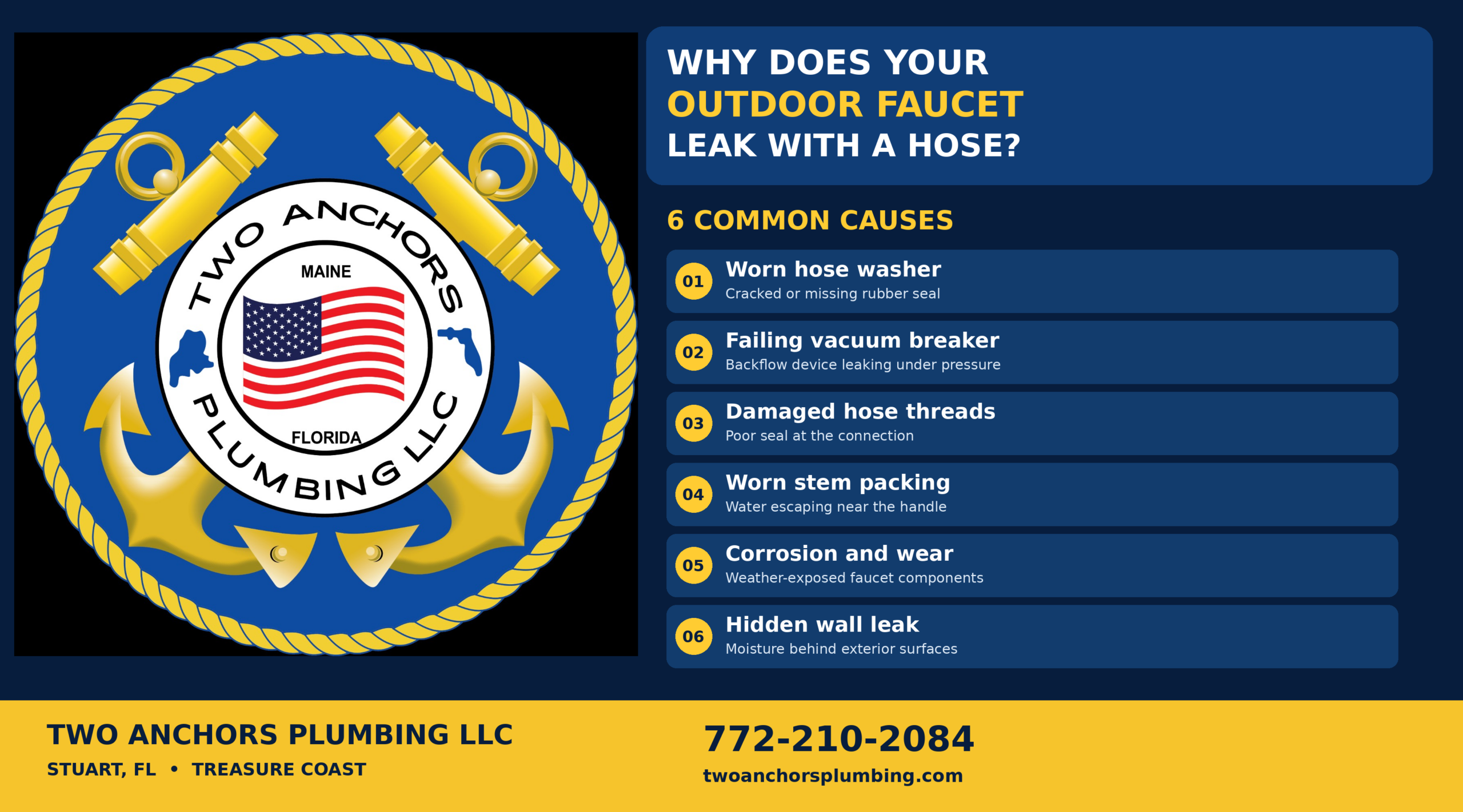 Two Anchors Plumbing infographic showing six causes of outdoor faucet leaks in Stuart, Florida