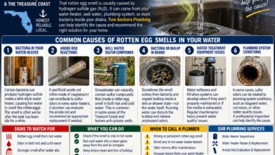 Two Anchors Plumbing infographic explaining why water smells like rotten eggs, including sulfur bacteria, water heater problems, and well water in Stuart, FL.