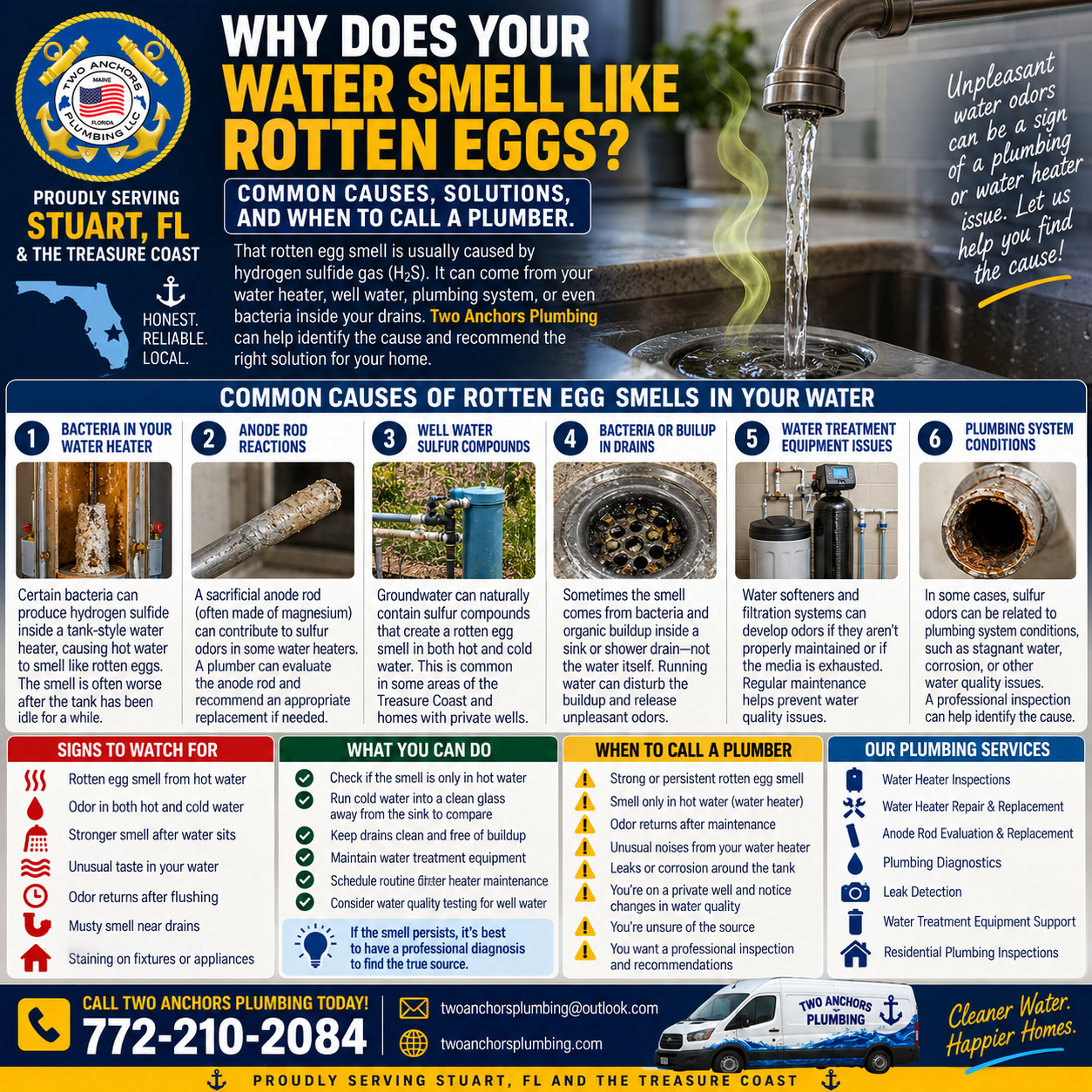 Two Anchors Plumbing infographic explaining why water smells like rotten eggs, including sulfur bacteria, water heater problems, and well water in Stuart, FL.